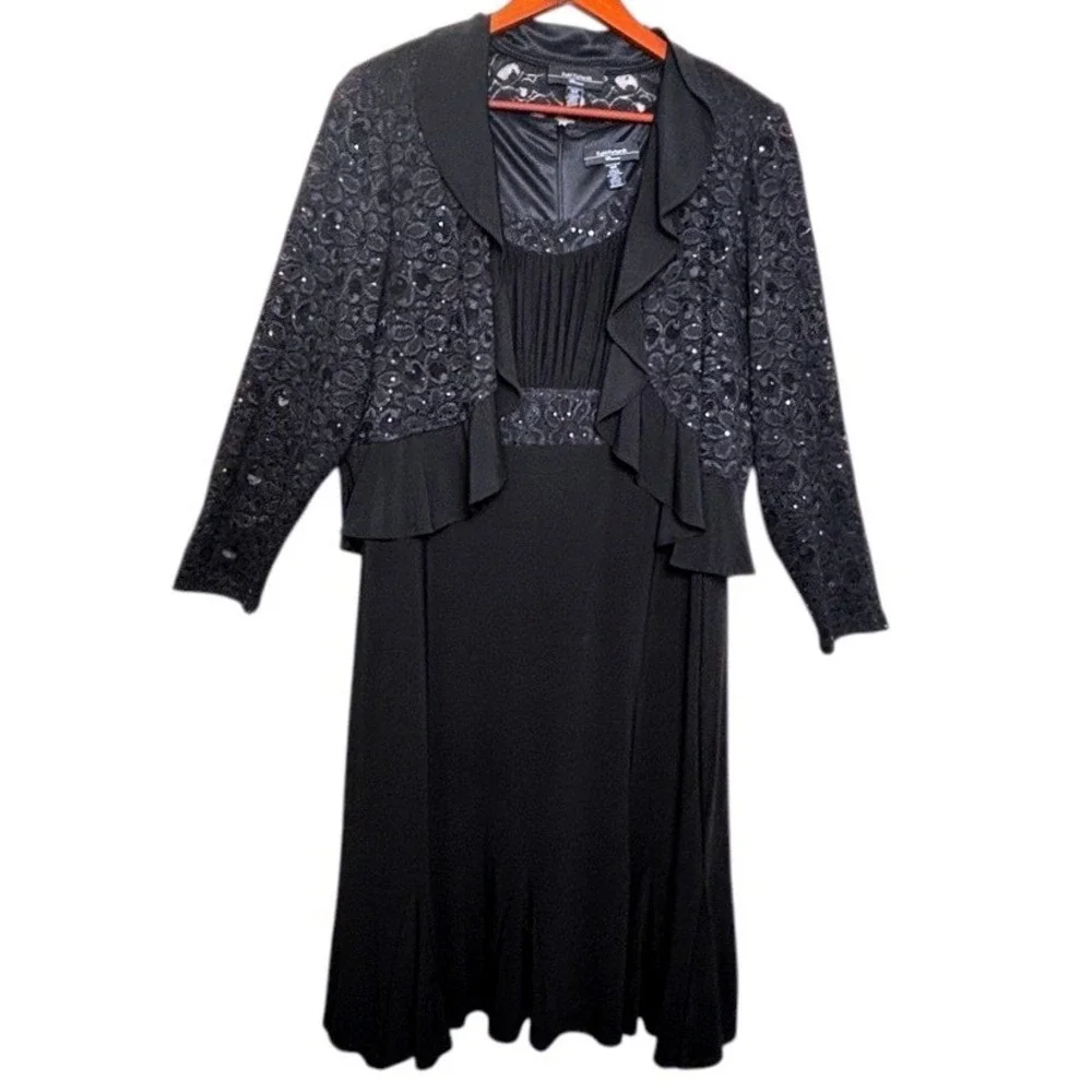 RM Richards Black Sequin Lace 2Pc Dress Jacket Sz18W Evening Formal Elegant Glam